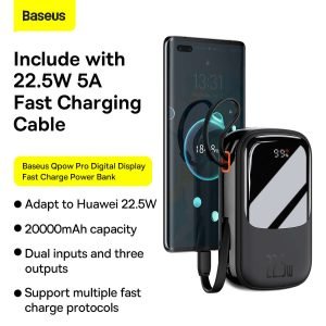 Baseus Qpow Pro Digital Display Quick Charging Power Bank 20000mAh 22.5W (With Type-C Cable) Black