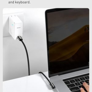 Specifications Brand: Baseus Material: Zinc alloy+ Nylon braided wire Power: 100W (20V/5A) Transmission speed: 480Mbps Input interface: Type-C Output interface: Type-C Product Description Fully charge a Laptop in 2H: This 100W fast charging cable has an elbow port to prevent interference with a mouse and keyboard. Faster Speed, Smoother Operation: Adapt for Xiaomi/Samsung fast charging. Free Movement, Smooth Operation: The 90° elbow design is convenient for playing mobile games while charging. Ice Blue Breathing Light: Breathing light for an exciting atmosphere. 8 Strands of Thickened Cores: Enhance conduction stability and ensure 100W fast charging speed. Smart chip protection: Built-in chips always monitor the charging power and adjust current and voltage automatically to avoid damage to the battery due to unstable current. Upgraded Zinc Alloy: Integrated zinc alloy is glossy, wear-resistant, anti-oxidation and anti-scratch. Tightly Nylon Braided: New nylon braided process for scratch resistance and durability. Charging + Transmission, Never Miss One: The speed is as fast as 480Mbps, fast charging/fast data transfer.