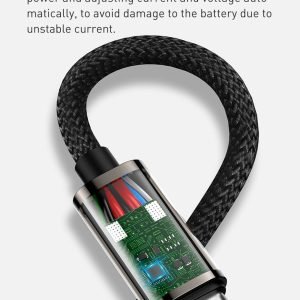 Specifications Brand: Baseus Material: Zinc alloy+ Nylon braided wire Power: 100W (20V/5A) Transmission speed: 480Mbps Input interface: Type-C Output interface: Type-C Product Description Fully charge a Laptop in 2H: This 100W fast charging cable has an elbow port to prevent interference with a mouse and keyboard. Faster Speed, Smoother Operation: Adapt for Xiaomi/Samsung fast charging. Free Movement, Smooth Operation: The 90° elbow design is convenient for playing mobile games while charging. Ice Blue Breathing Light: Breathing light for an exciting atmosphere. 8 Strands of Thickened Cores: Enhance conduction stability and ensure 100W fast charging speed. Smart chip protection: Built-in chips always monitor the charging power and adjust current and voltage automatically to avoid damage to the battery due to unstable current. Upgraded Zinc Alloy: Integrated zinc alloy is glossy, wear-resistant, anti-oxidation and anti-scratch. Tightly Nylon Braided: New nylon braided process for scratch resistance and durability. Charging + Transmission, Never Miss One: The speed is as fast as 480Mbps, fast charging/fast data transfer.