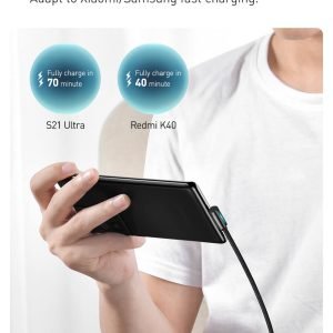 Specifications Brand: Baseus Material: Zinc alloy+ Nylon braided wire Power: 100W (20V/5A) Transmission speed: 480Mbps Input interface: Type-C Output interface: Type-C Product Description Fully charge a Laptop in 2H: This 100W fast charging cable has an elbow port to prevent interference with a mouse and keyboard. Faster Speed, Smoother Operation: Adapt for Xiaomi/Samsung fast charging. Free Movement, Smooth Operation: The 90° elbow design is convenient for playing mobile games while charging. Ice Blue Breathing Light: Breathing light for an exciting atmosphere. 8 Strands of Thickened Cores: Enhance conduction stability and ensure 100W fast charging speed. Smart chip protection: Built-in chips always monitor the charging power and adjust current and voltage automatically to avoid damage to the battery due to unstable current. Upgraded Zinc Alloy: Integrated zinc alloy is glossy, wear-resistant, anti-oxidation and anti-scratch. Tightly Nylon Braided: New nylon braided process for scratch resistance and durability. Charging + Transmission, Never Miss One: The speed is as fast as 480Mbps, fast charging/fast data transfer.