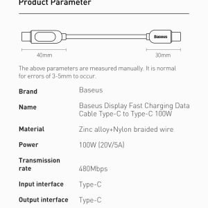 Baseus Digital Display Fast Charging Data Cable Type C To Type C 100W 2m Black