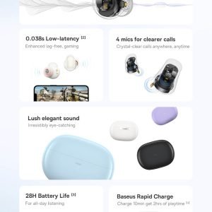 Baseus Bowie WM05 ANC Wireless Earphone Hybrid 43dB TWS Earbuds 4-mics Noise Cancellation Earphone White