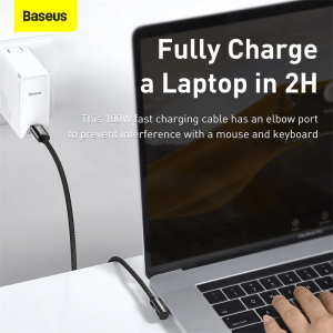 Specifications Brand: Baseus Material: Zinc alloy+ Nylon braided wire Power: 100W (20V/5A) Transmission speed: 480Mbps Input interface: Type-C Output interface: Type-C Product Description Fully charge a Laptop in 2H: This 100W fast charging cable has an elbow port to prevent interference with a mouse and keyboard. Faster Speed, Smoother Operation: Adapt for Xiaomi/Samsung fast charging. Free Movement, Smooth Operation: The 90° elbow design is convenient for playing mobile games while charging. Ice Blue Breathing Light: Breathing light for an exciting atmosphere. 8 Strands of Thickened Cores: Enhance conduction stability and ensure 100W fast charging speed. Smart chip protection: Built-in chips always monitor the charging power and adjust current and voltage automatically to avoid damage to the battery due to unstable current. Upgraded Zinc Alloy: Integrated zinc alloy is glossy, wear-resistant, anti-oxidation and anti-scratch. Tightly Nylon Braided: New nylon braided process for scratch resistance and durability. Charging + Transmission, Never Miss One: The speed is as fast as 480Mbps, fast charging/fast data transfer.