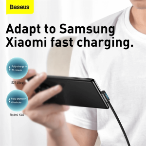Specifications Brand: Baseus Material: Zinc alloy+ Nylon braided wire Power: 100W (20V/5A) Transmission speed: 480Mbps Input interface: Type-C Output interface: Type-C Product Description Fully charge a Laptop in 2H: This 100W fast charging cable has an elbow port to prevent interference with a mouse and keyboard. Faster Speed, Smoother Operation: Adapt for Xiaomi/Samsung fast charging. Free Movement, Smooth Operation: The 90° elbow design is convenient for playing mobile games while charging. Ice Blue Breathing Light: Breathing light for an exciting atmosphere. 8 Strands of Thickened Cores: Enhance conduction stability and ensure 100W fast charging speed. Smart chip protection: Built-in chips always monitor the charging power and adjust current and voltage automatically to avoid damage to the battery due to unstable current. Upgraded Zinc Alloy: Integrated zinc alloy is glossy, wear-resistant, anti-oxidation and anti-scratch. Tightly Nylon Braided: New nylon braided process for scratch resistance and durability. Charging + Transmission, Never Miss One: The speed is as fast as 480Mbps, fast charging/fast data transfer.