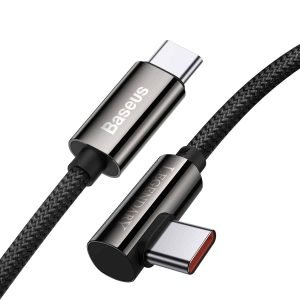 Specifications Brand: Baseus Material: Zinc alloy+ Nylon braided wire Power: 100W (20V/5A) Transmission speed: 480Mbps Input interface: Type-C Output interface: Type-C Product Description Fully charge a Laptop in 2H: This 100W fast charging cable has an elbow port to prevent interference with a mouse and keyboard. Faster Speed, Smoother Operation: Adapt for Xiaomi/Samsung fast charging. Free Movement, Smooth Operation: The 90° elbow design is convenient for playing mobile games while charging. Ice Blue Breathing Light: Breathing light for an exciting atmosphere. 8 Strands of Thickened Cores: Enhance conduction stability and ensure 100W fast charging speed. Smart chip protection: Built-in chips always monitor the charging power and adjust current and voltage automatically to avoid damage to the battery due to unstable current. Upgraded Zinc Alloy: Integrated zinc alloy is glossy, wear-resistant, anti-oxidation and anti-scratch. Tightly Nylon Braided: New nylon braided process for scratch resistance and durability. Charging + Transmission, Never Miss One: The speed is as fast as 480Mbps, fast charging/fast data transfer.