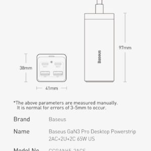 Baseus 65W GaN3 Pro Desktop Charger Power Strip 2U+2C WITH AC PORT