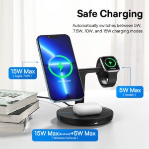 Charge 3 Devices Simultaneously

Note : Provides 7.5W max charging for the iPhone 14 & 13 & 12 series and 5W max charging for AirPods.

Note : This product does not come with Watch original wireless charger.
Single Device Charging : 15W Max + 15W Max(Wireless Charger Base)

Simultaneously Charging : 10W Max + 10W Max