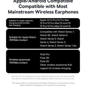 Charge 3 Devices Simultaneously

Note : Provides 7.5W max charging for the iPhone 14 & 13 & 12 series and 5W max charging for AirPods.

Note : This product does not come with Watch original wireless charger.
Single Device Charging : 15W Max + 15W Max(Wireless Charger Base)

Simultaneously Charging : 10W Max + 10W Max
